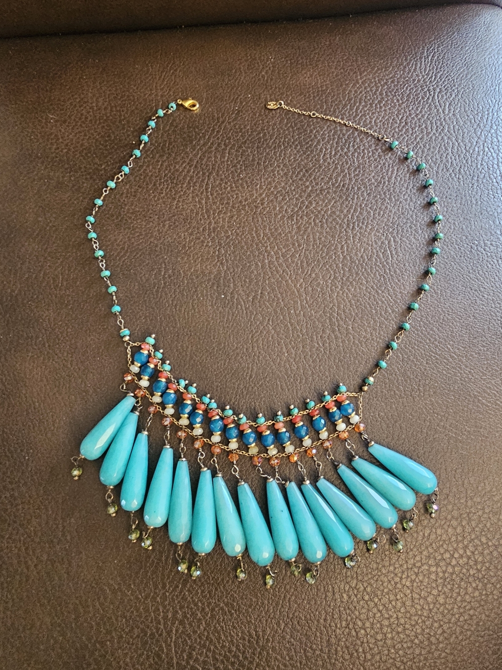Turquoise Teardrop Bib Necklace with Gold-Tone Chain - Women Jewelry